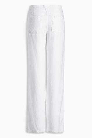 White Parallel Leg Linen Blend Trousers